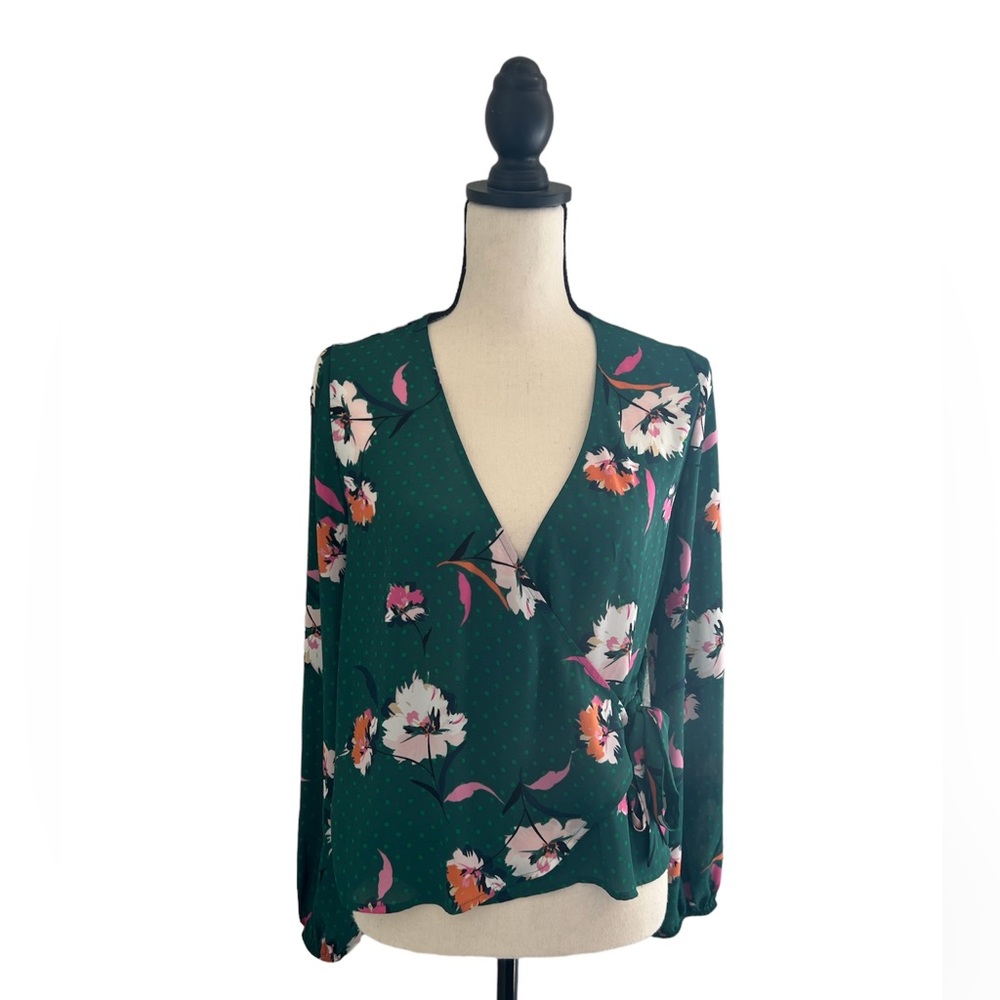 Express Green Floral Polka Dot Wrap Blouse Long Sleeve